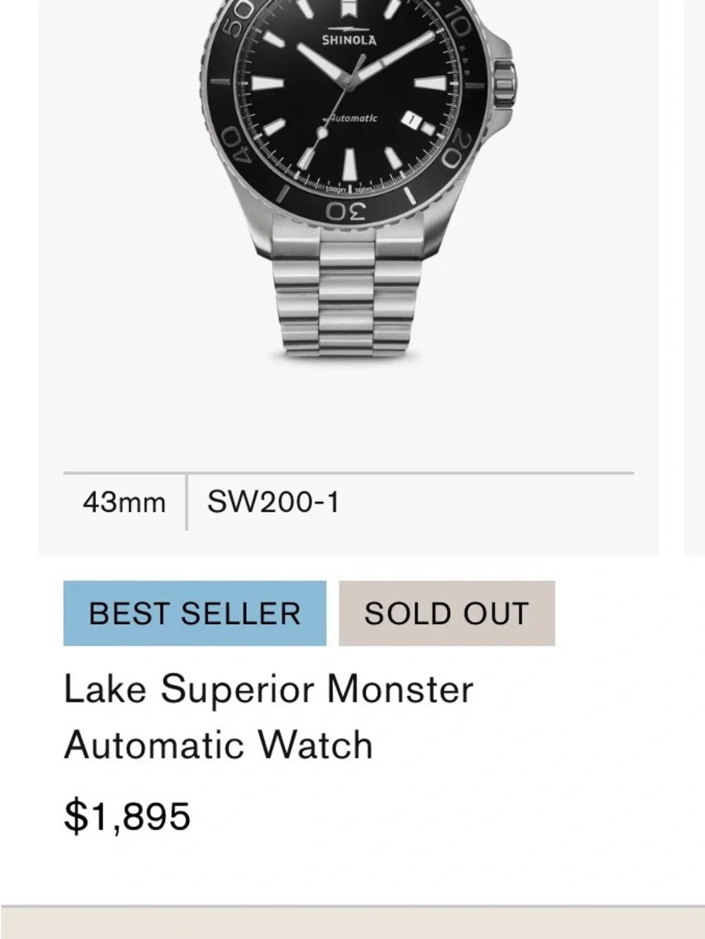 Shinola Lake Superior Monster Men’s Stainless Steel Black Dial Watch